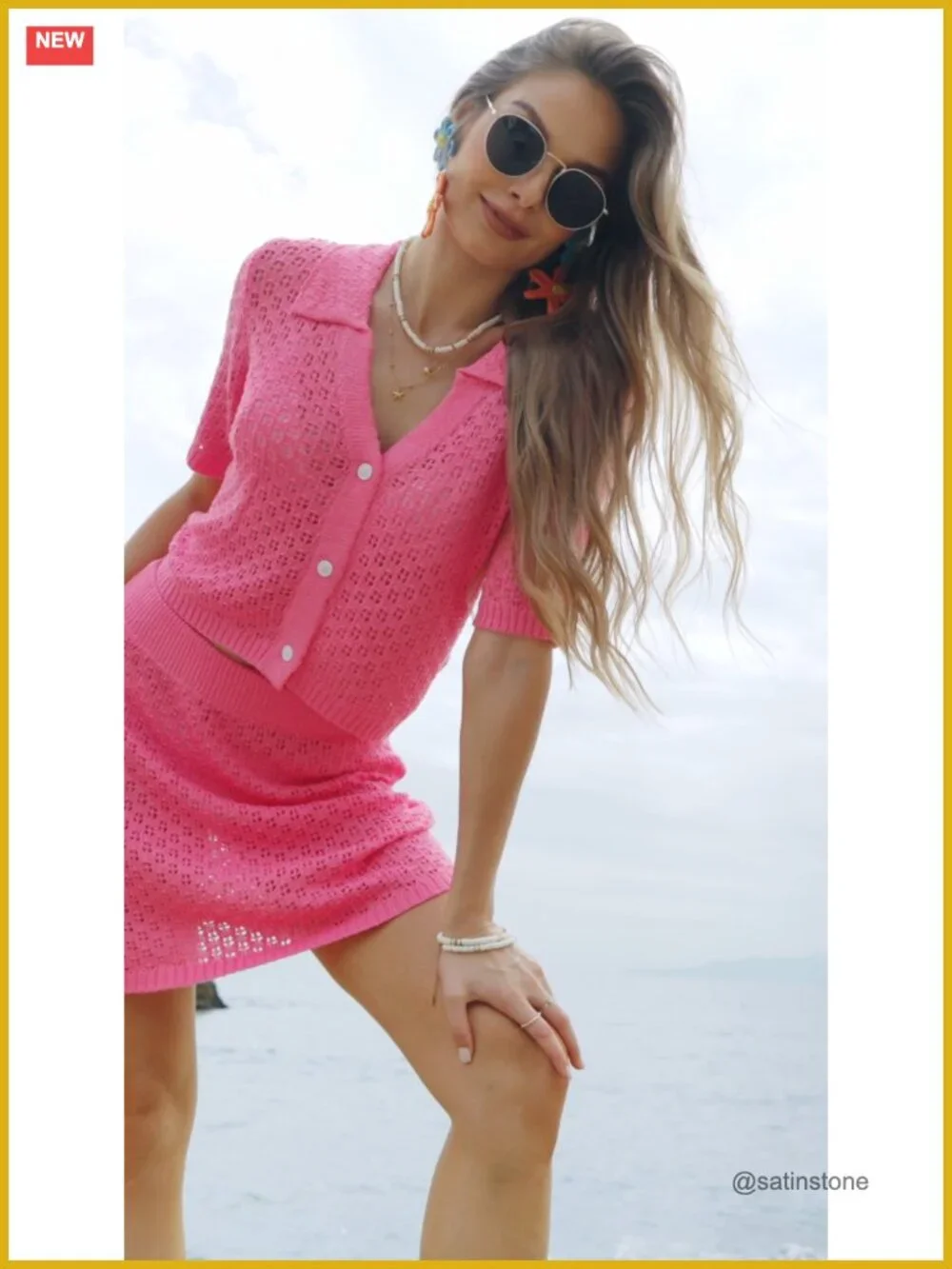 Crochet Button Short Sleeve Crop Top Mini Skirt 2 Piece Cover Up Set